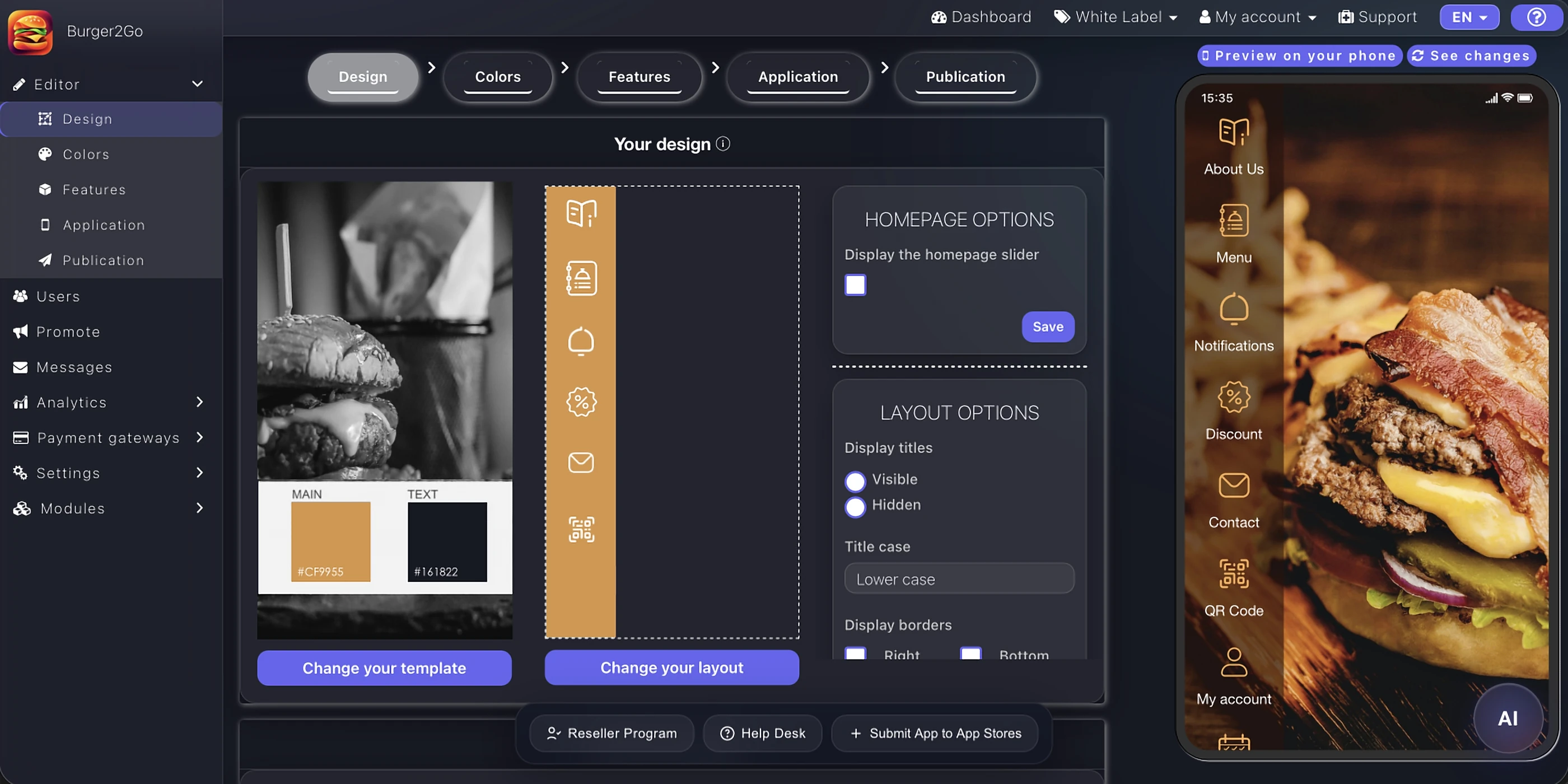 Appily Design-Editor mit Vorlage, Layout-Optionen und Live-iPhone-App-Vorschau